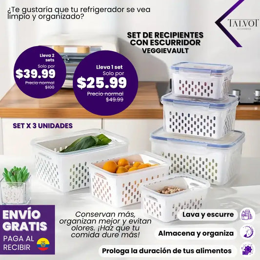 VEGGIEVAULT Set de 3 Contenedores con Escurridor